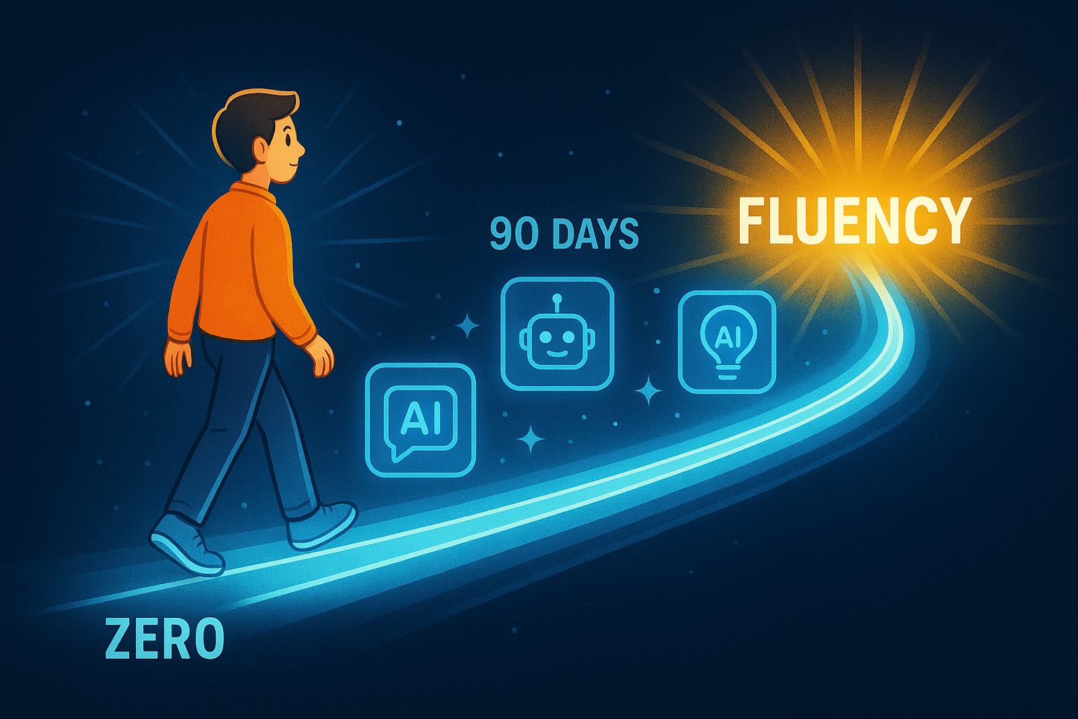 Sleek digital collage of five futuristic AI language learning apps with holographic icons above a smartphone and laptop, set in a bright modern workspace with glowing multilingual characters.